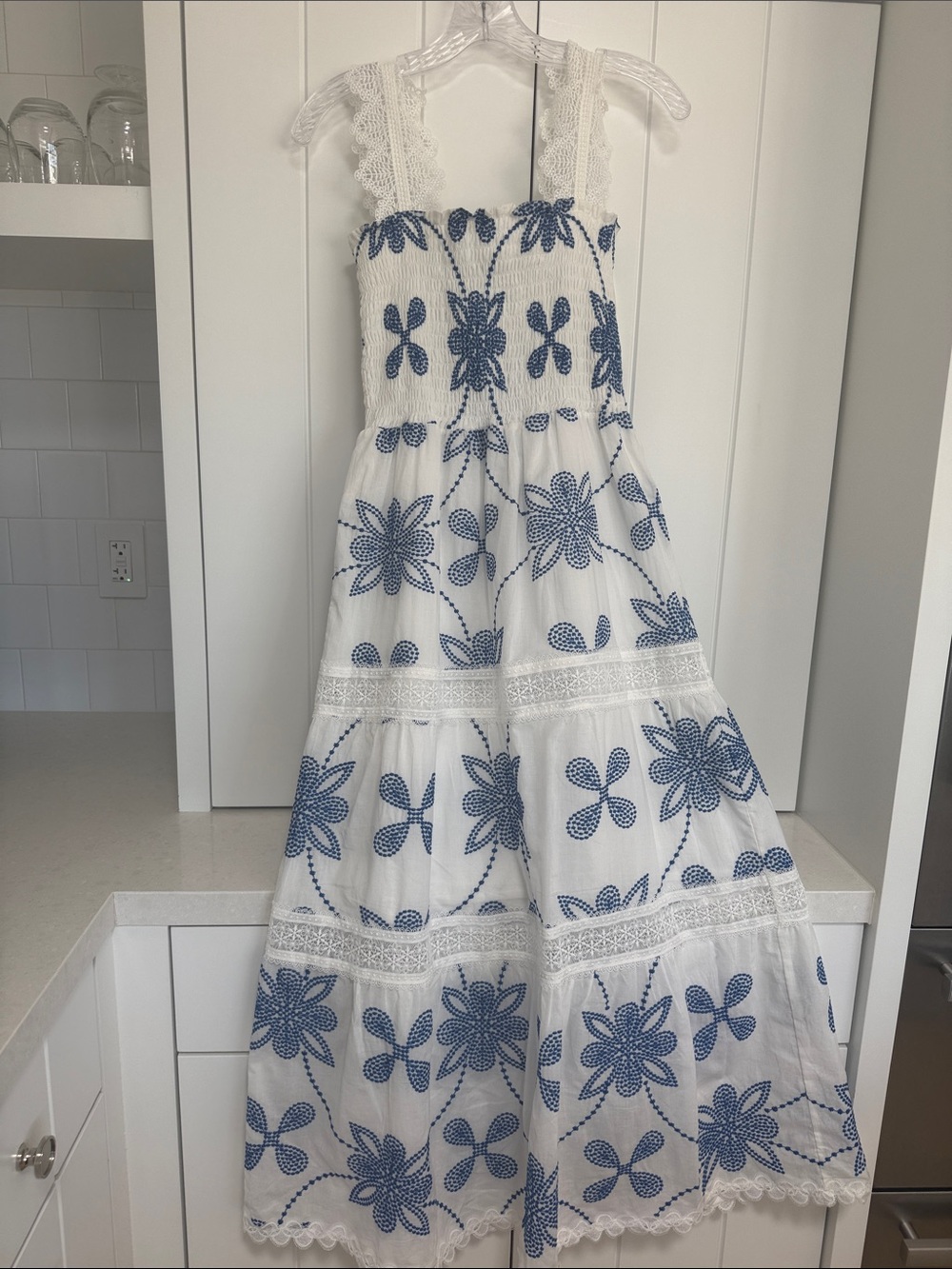 Waimari White Midi Sundress with Blue Floral Embroidery, NWT